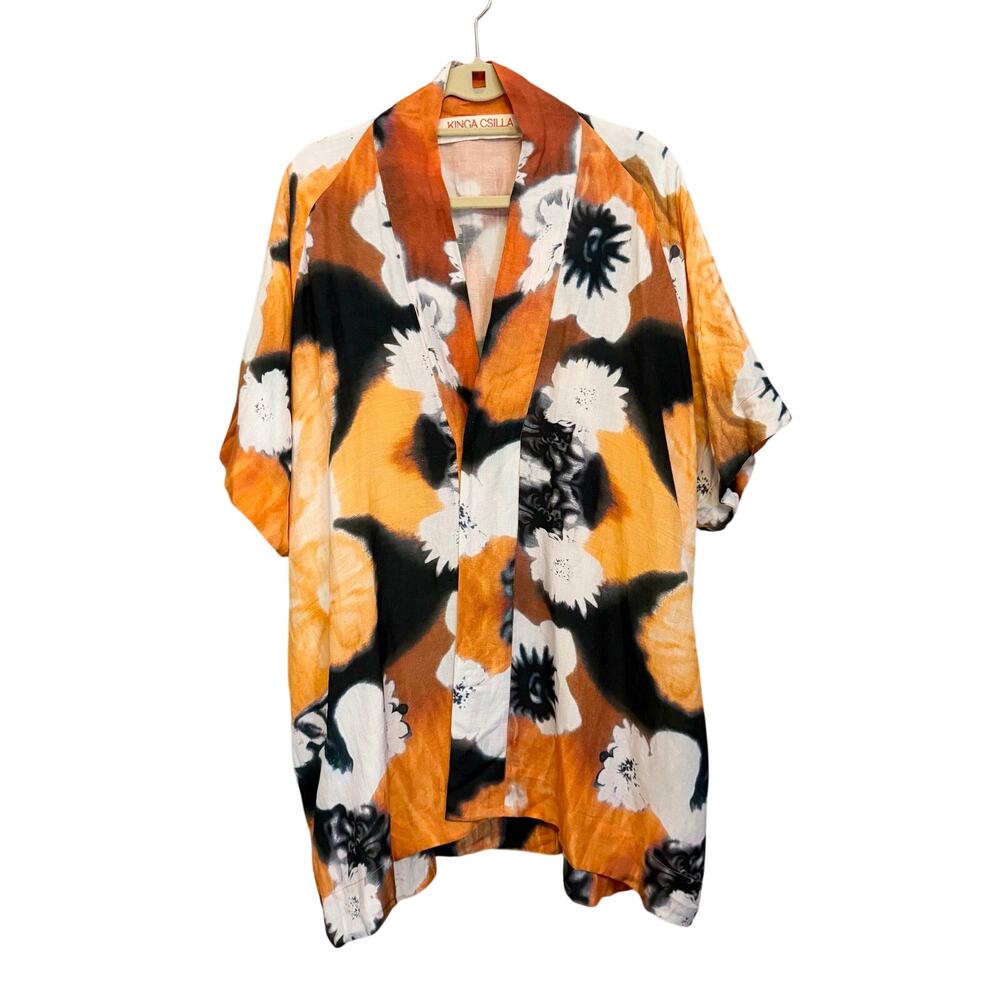 Anthropologie Kinga Csilla Linen Kimono Top 12 Orange Floral Open Beach Vacation
